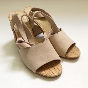 Marc Fisher Qmpiya Open Toe Cork Suede Heels With Suede Ankle Ties